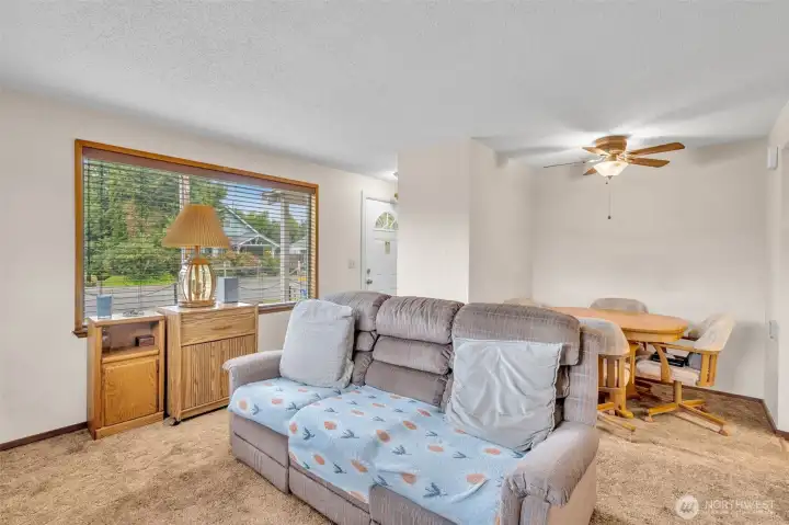 Living room with ceiling fan.