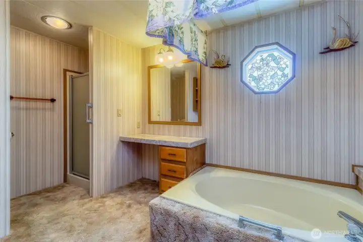 Soaker tub, shower and vanity