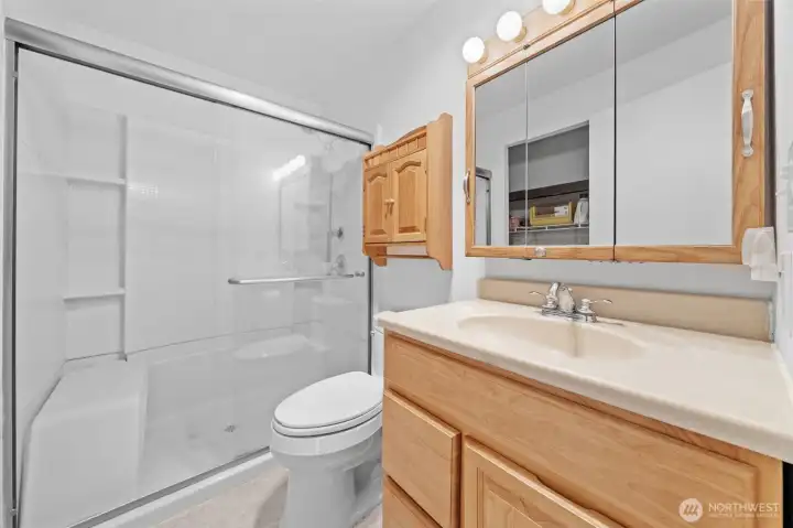 Bathroom has a remodeled walk-in shower
