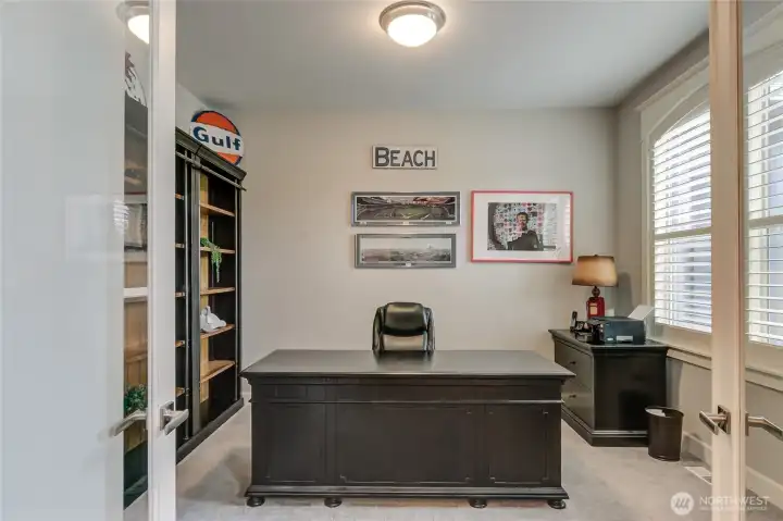 French doors and light from the street in the office