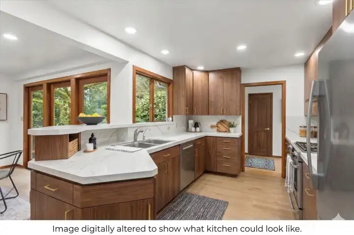 Digitally altered to show possibility of an updated kitchen