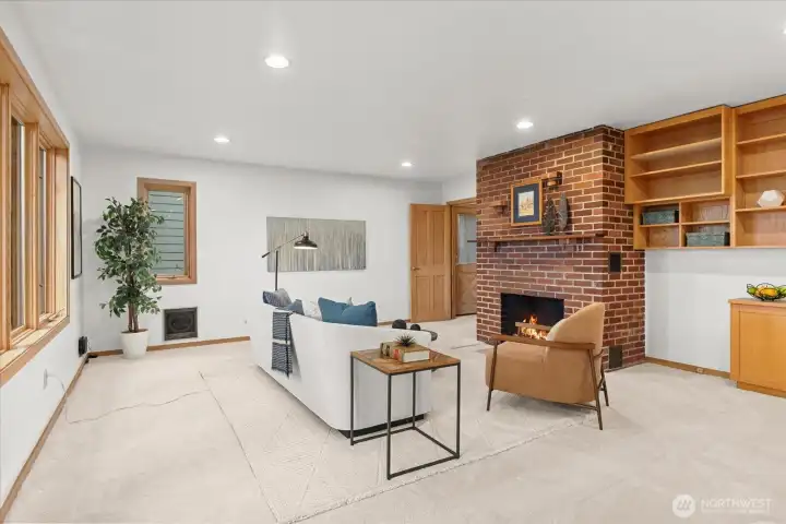 Wood burning fireplace and fresh carpet