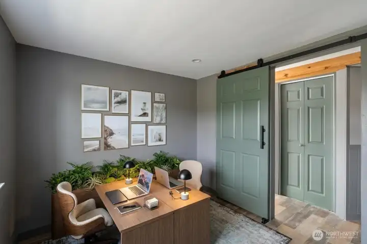 Virtually staged office space in lower level