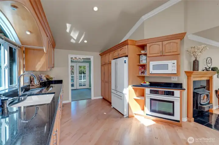 Wood burning fireplace to the right.