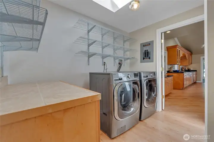 Laundry room with gas dryer. Gas furnace and gas water heater are in the garage.