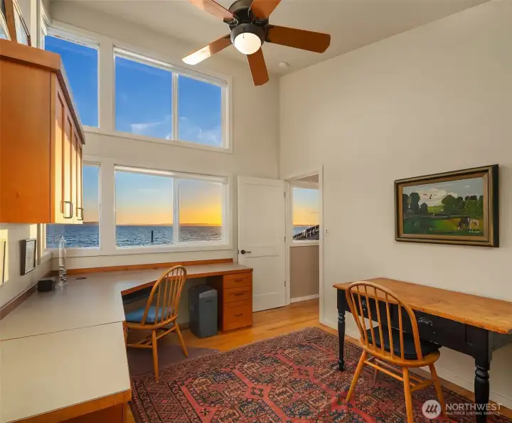 Abundant windows for natural light and water views from office. Abundant windows for natural light and water views from office.