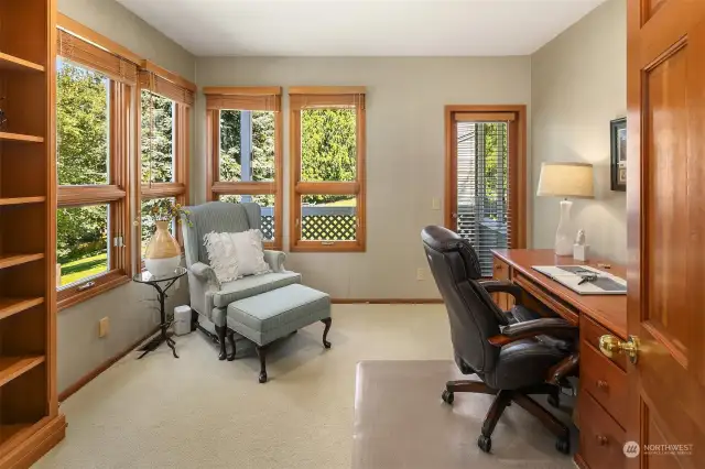 The main floor home office has fabulous privacy, a beautiful outlook and even its own dedicated deck!  This is one of two home offices that this home offers, more on that later.