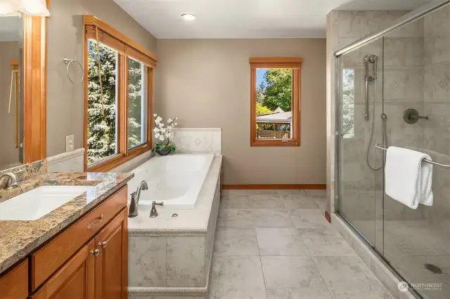 The updated master bathroom is the perfect place to begin and end your day.  Both the shower and the bathtub are oversized and you will love the tile and stone work.