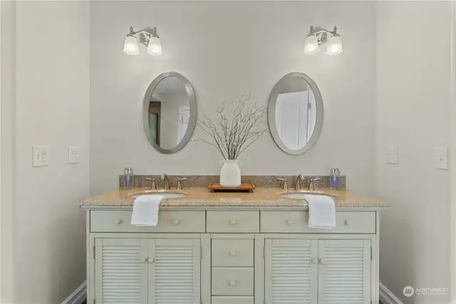 Beautiful double vanity in downstairs primary bathroom