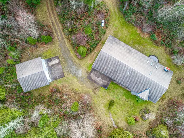 Aerial view of house & detached garage