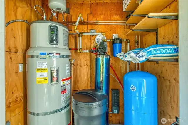 Utility closet at the back of the house - filtration system includes sediment and tannin filters + salt-based water softener. AeroTherm Heat Pump Water Heater.