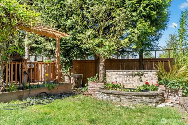 Water Feature, Sprinkler System and mature fruit trees....