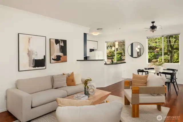 The living room marries the dining & kitchen.