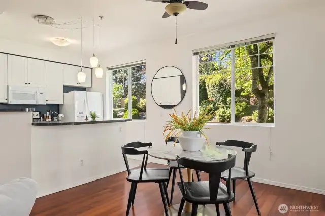 The dining room offers a roomy space for informal dining.
