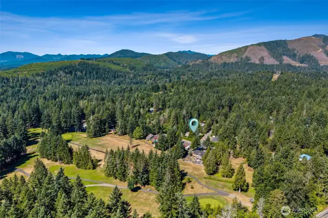 Aerial view with the Olympic Mountain foothills in the background.