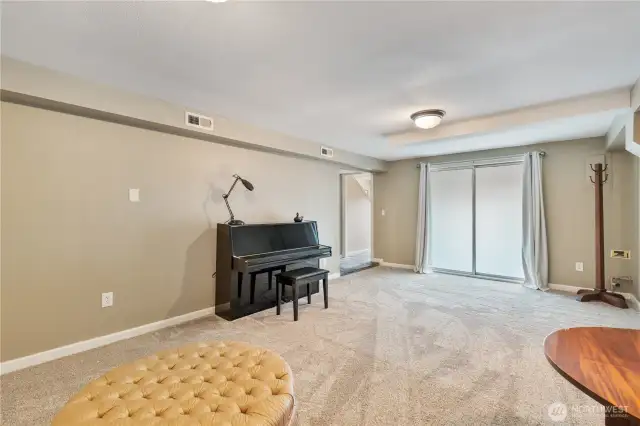 Family/rec room with lots of space. Sliding doors lead out to the covered carport.