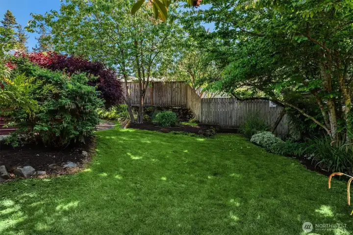 A private fenced backyard with mature trees, lawn space, and established plantings — ideal for pets, play, gardening, or simply enjoying a quiet afternoon outside.