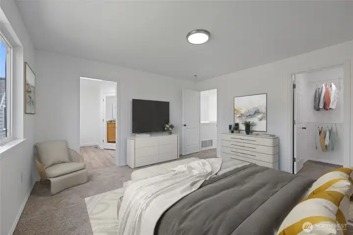 The primary bedroom has great views of the backyard