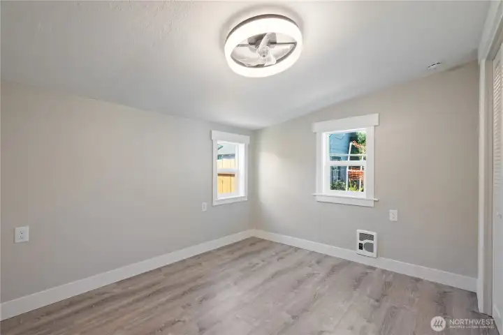 Bedroom, with cool ceiling fan. new heater.