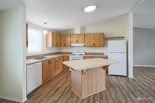 Looking into the kitchen form the dining area. Ample counter space and bar seating area.