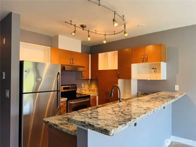 Kitchen with stainless steel appliances, granite countertop