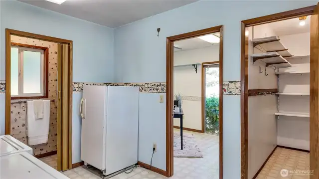 View To Deep Walk-In Pantry, Bonus Room W/ Sliding Glass Door To Bushes And Half Bath