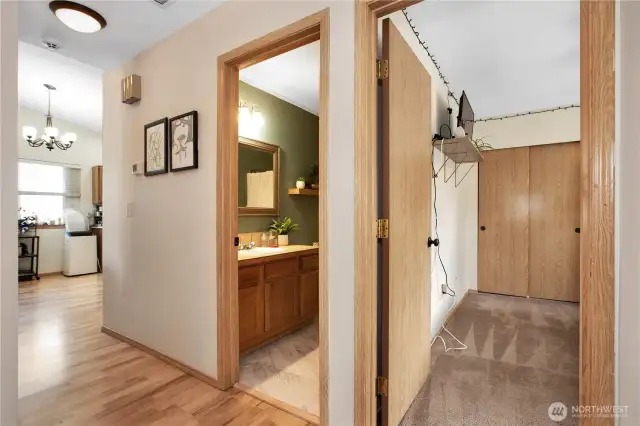 hall bathroom and primary suite
