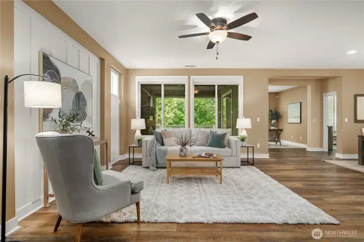 Enter into this gorgeous home and be greeted by the gorgeous green backdrop.  With designer touches throughout, upgraded trim, wrapped windows, extensive hard surface flooring and vistas of the beautiful greenbelt from every room!