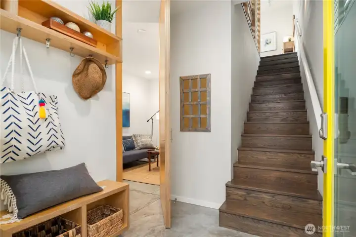 Inviting entry with concrete floors.