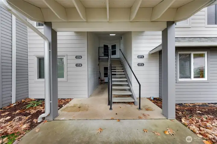4255 Wintergreen Unit 274 is a second floor 2 bedroom 1 bath 760 square foot unit with private balcony, assigned parking and additional storage on unit premise.