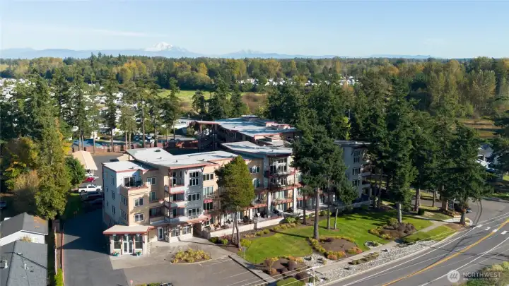 Drone shot of the front of Grand Bay complex.
