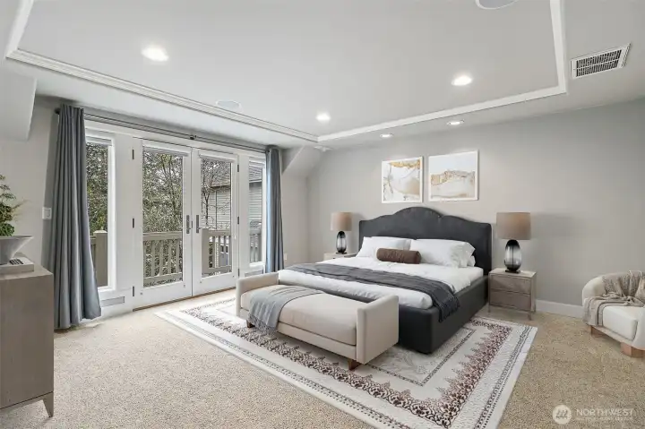 The Primary Suite is located upstairs and features a private balcony with backyard views.