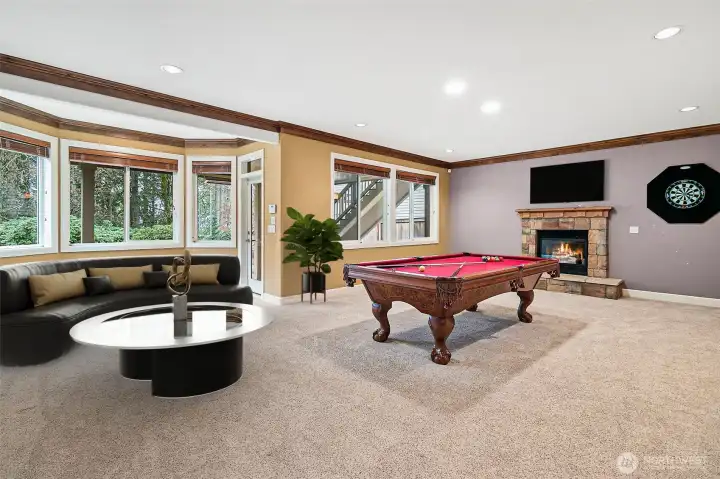 Lower level rec room complete with pool table and backyard access.