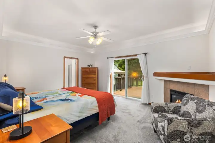 Spacious primary bedroom with sliding glass door access to the deck and a private fireplace, creating a comfortable retreat connected to the outdoor living area.