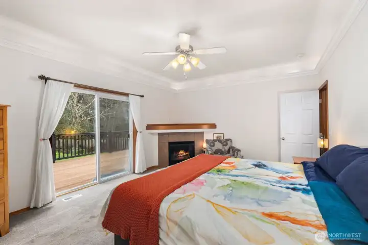 Another view of the primary suite highlighting the fireplace feature and direct access to the backyard deck.