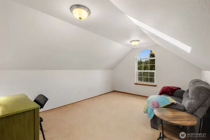 Spacious upstairs recreation room with vaulted ceilings, an arched window, and skylight bringing in natural light. Flexible space for a media room, playroom, or additional living area.