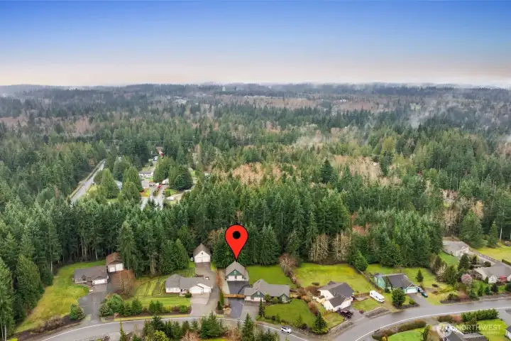 Drone perspective highlighting the home’s location at the edge of the neighborhood with wooded surroundings behind the property.