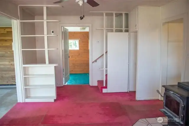 dining area with free standing wood stove