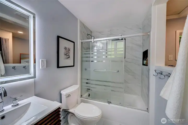 Remodeled Primary bath, double vanity and heated flooring.