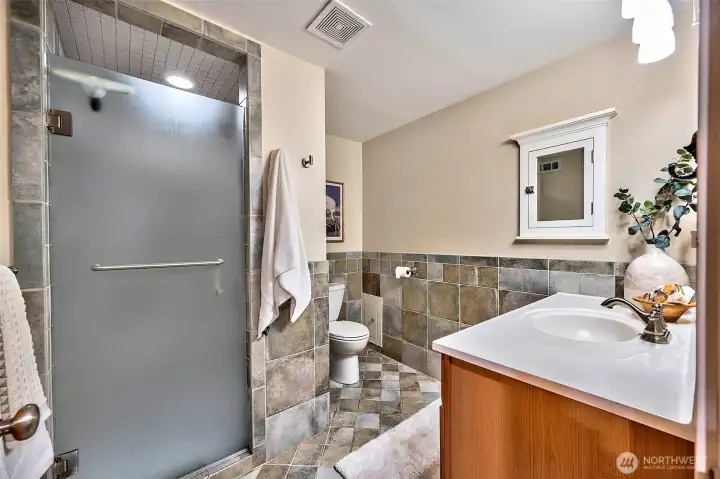 Fully remodeled daylight lower-level 3/4 bath with walk-in shower.