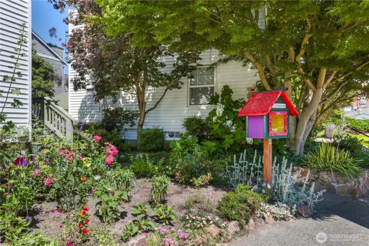 Fun landscaping with little library.