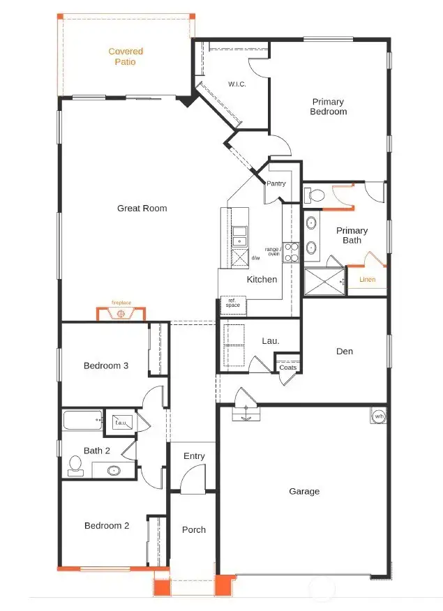 1990 Floor plan with fireplace and Covered patio