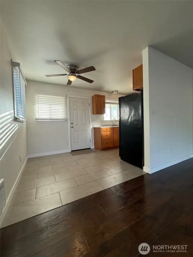 The dining area is open to the newly remodeled kitchen