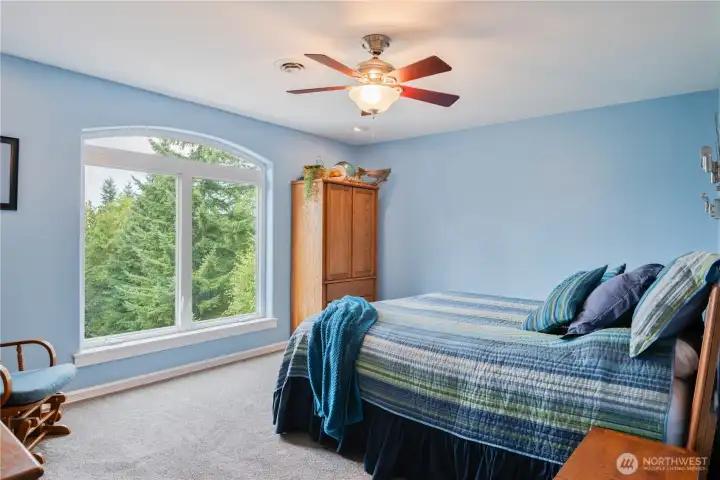 Upstairs we find 3 more Bedrooms; this one is the Primary (which screams:  "No Curtains, please!")