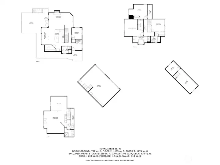 TOP LEFT to RIGHT:  Main Floor (with outline of wrapped around deck); then Upstairs (3 Bed, 2 Bath); below that on right:  Above Garage finished rooms (currently Office & Storage room); then in the middle, just a look at the 3 car Garage; and lastly - the fullly finished Basement (with amazing Guest SUITE) and large, flat Patio outside those doors)