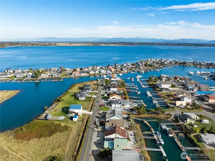 East looking view of the boating community of Sandy Point Shores offering stunning views of Mount Baker across the Lummi Bay.