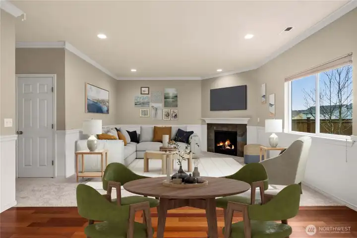 virtually staged family room and kitchen area