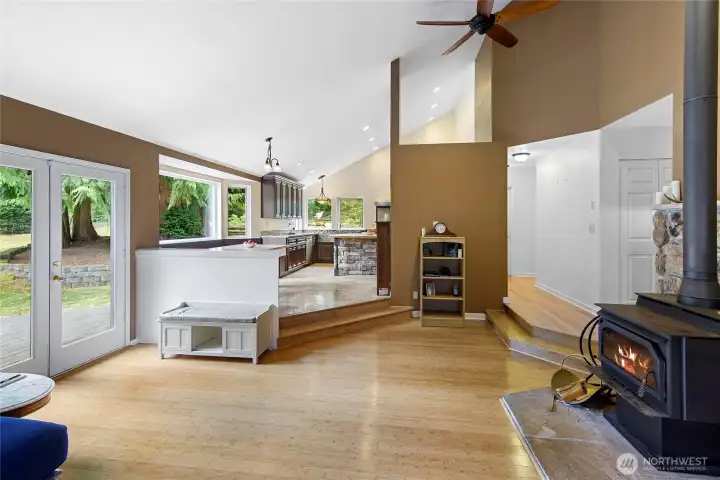 The kitchen flows nicely into the living room.