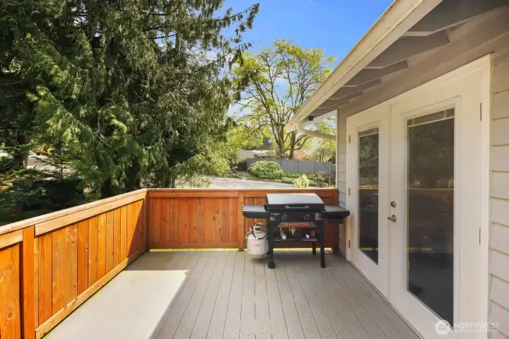 Private outdoor deck ideal for summer evenings, morning coffee, grilling, and entertaining under the trees Private outdoor deck ideal for summer evenings, morning coffee, grilling, and entertaining under the trees