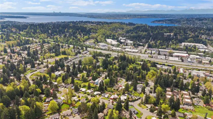 Elevated aerial perspective showcasing the surrounding Rose Hill neighborhood, nearby amenities, and convenient Eastside location Elevated aerial perspective showcasing the surrounding Rose Hill neighborhood, nearby amenities, and convenient Eastside location